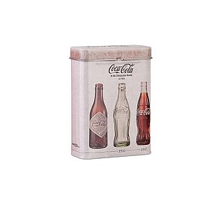 Sigarettenblikje met 3 drie flesjes Coca-Cola door de jaren heen