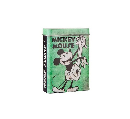 Disney Mickey Mouse speelt gitaar in de oude stijl op een groen blikje
