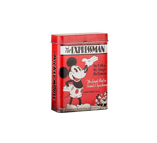 De oude Mickey Mouse (the expressman) cartoon op een rood sigarettenblikje