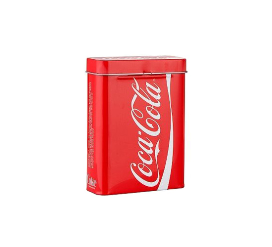 Rood sigarettenblikje met het welbekende Coca-Cola logo erop