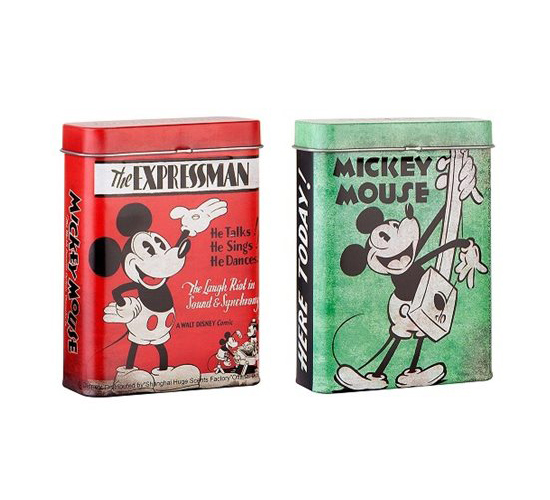 Cartoon Mickey Mouse sigarettenblikjes in de kleuren groen en rood