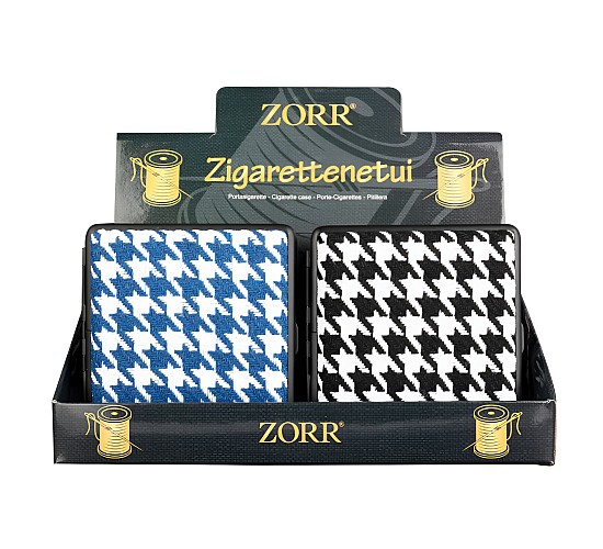 Sigarettenkokers met een zwarte metalen rand en stoffen patroon