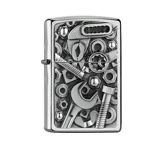 Zippo Screws & Tools 3D aansteker met geborstelde chrome afwerking en 3D reliëf van moeren, schroeven en sleutels