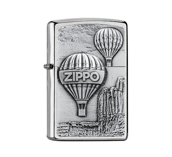 Zippo Aerostat aansteker met geborstelde chrome afwerking en reliëf embleem van twee vintage heteluchtballonnen en Zippo-logo