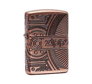 Zippo Gears Antique Copper Armor aansteker met 360 graden deep carve gravures van tandwielen en mechanische elementen in antieke koperkleur