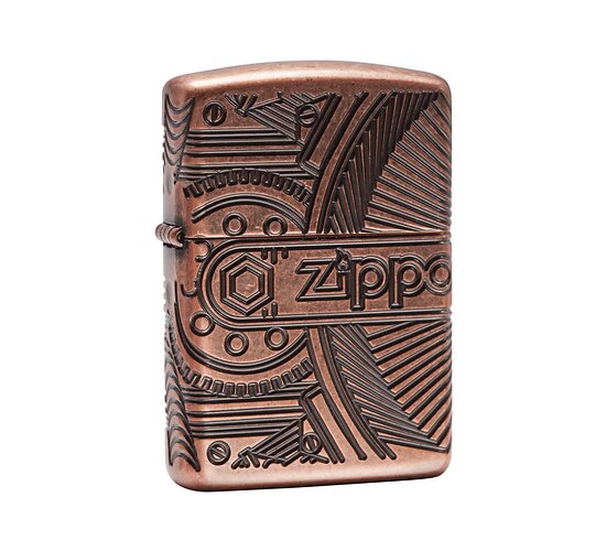 Zippo Gears Antique Copper Armor aansteker met 360 graden deep carve gravures van tandwielen en mechanische elementen in antieke koperkleur
