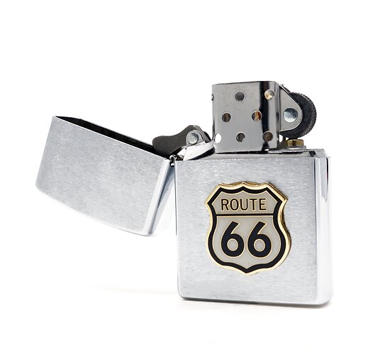 Chrome zippo route 66 logo open