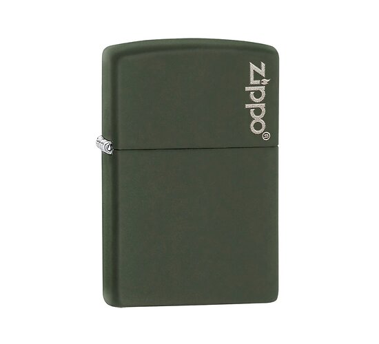 Zippo aansteker met matte groene afwerking en klassiek Zippo-logo op het deksel