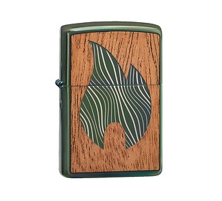 Zippo Woodchuck Flame regular aansteker met gepolijst donkergroene behuizing en een echt houten paneel met lasergegraveerde vlam