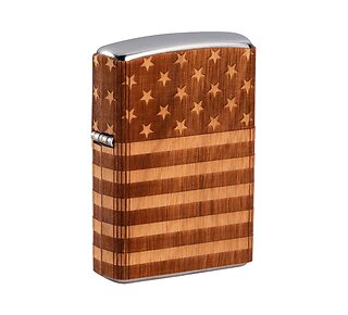 Zippo Woodchuck USA aansteker met Street Chrome afwerking, houtprint en Amerikaanse vlag met sterren en strepen