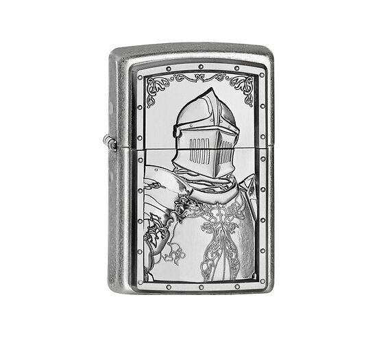 Zippo A Knight‘s Tale chrome zilveren aansteker met antieke afwerking en gegraveerde middeleeuwse ridder