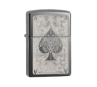 Zippo Ace Filigree aansteker met gepolijste Black ice afwerking en lasergegraveerd aaskaart motief