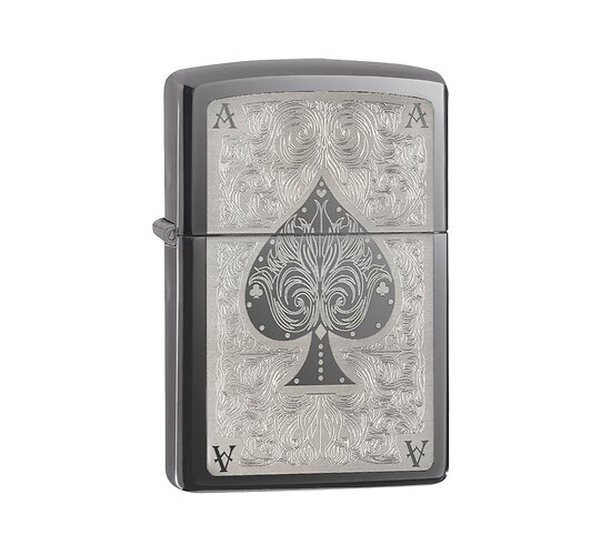 Zippo Ace Filigree aansteker met gepolijste Black ice afwerking en lasergegraveerd aaskaart motief