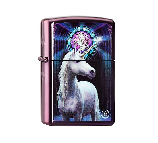Zippo Anne Stokes Unicorn aansteker met witte eenhoorn print en paarse gepolijste abyss afwerking