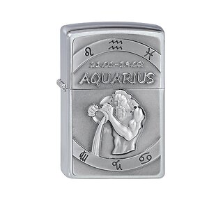 Zippo aansteker chrome regular met sterrenbeeld waterman Aquarius emblem en geborstelde afwerking