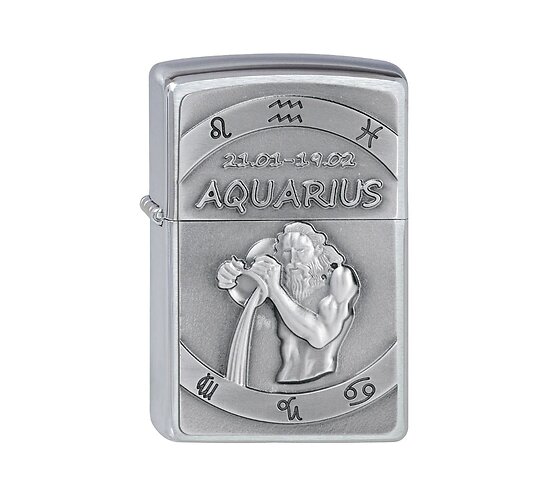 Zippo aansteker chrome regular met sterrenbeeld waterman Aquarius emblem en geborstelde afwerking