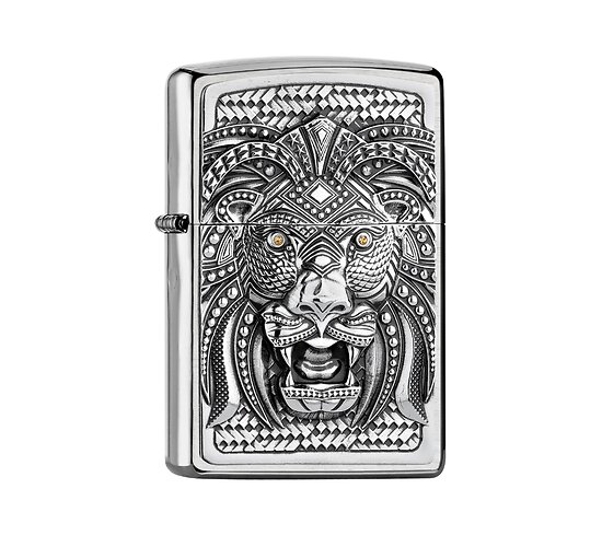 Zippo Art Lion chrome aansteker met geborstelde afwerking en leeuw reliëf met gouden kristal ogen