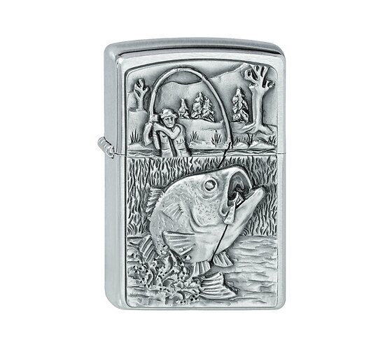 Zippo Bass fishing aansteker met geborsteld chrome en embleem van visser die grote baars vangt
