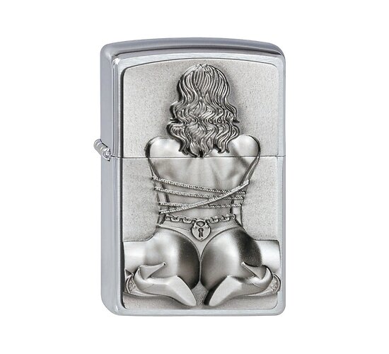 Zippo Bondage Girl aansteker in geborstelde chrome met embleem van geknielde vrouw in string en hoge hakken gebonden met touwen