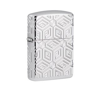 Zippo Boxes All Over Design chrome aansteker met diep gegraveerde diamant en hexagon patronen en rood epoxy vlamaccent