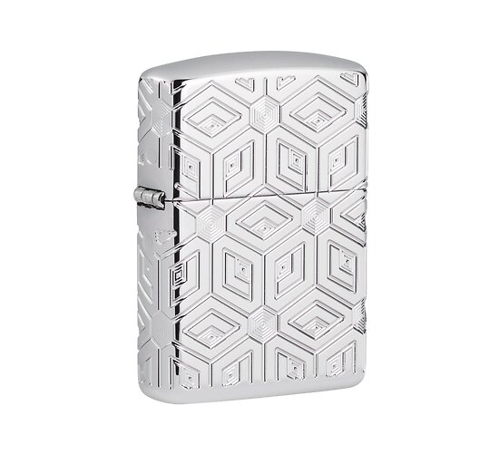 Zippo Boxes All Over Design chrome aansteker met diep gegraveerde diamant en hexagon patronen en rood epoxy vlamaccent