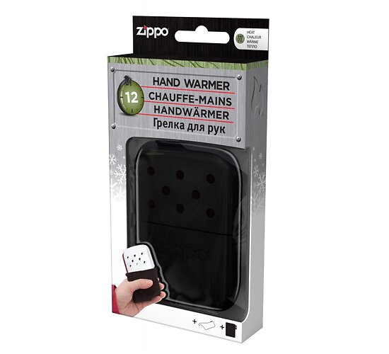 Zwarte handwarmer in een milieuvriendelijke geschenkverpakking