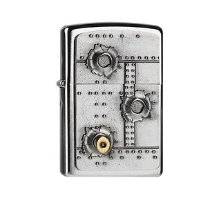 Zippo Bullet Holes aansteker in Regular chrome met geborstelde afwerking en 3D kogelgat embleem