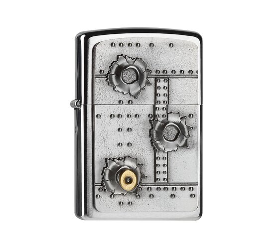 Zippo Bullet Holes aansteker in Regular chrome met geborstelde afwerking en 3D kogelgat embleem