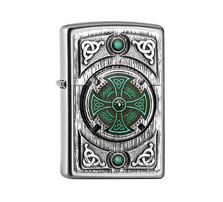 Zippo aansteker met groene Keltisch kruis en Keltische knoop op satin chromen behuizing