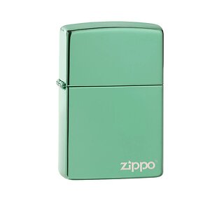 Zippo Chameleon + logo aansteker in gepolijst groen met zilver lasergegraveerd Zippo-logo