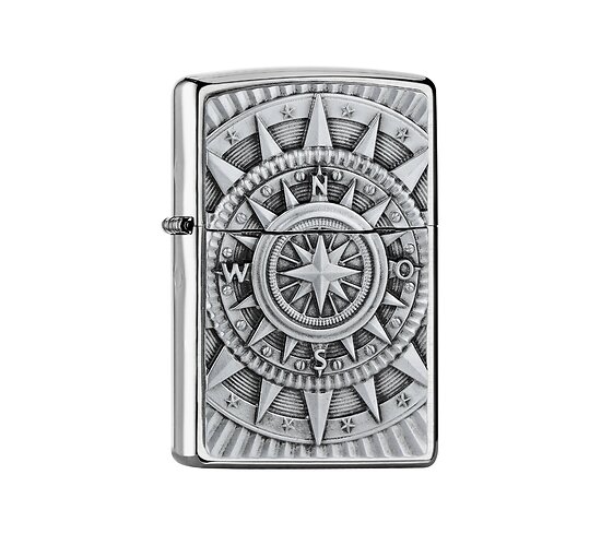 Zippo Compass Emblem aansteker in geborsteld chrome met gedetailleerd kompasembleem