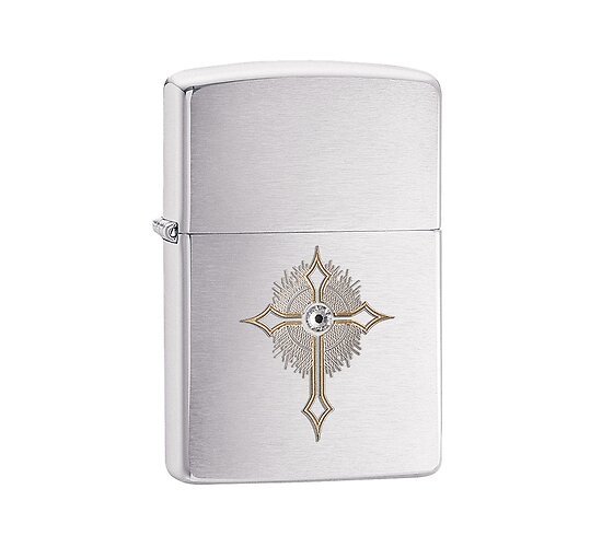 Zippo Cross and Stone regular aansteker met geborstelde chrome afwerking en gravure van kruis met gouden details en kristal