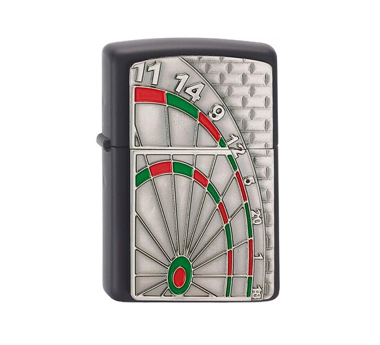 Zippo Dartboard aansteker met mat zwarte afwerking en dartbord embleem met epoxy inlay