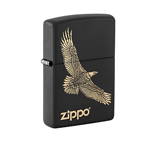Zippo Eagle black matte aansteker met gouden lasergegraveerde arend en Zippo-logo
