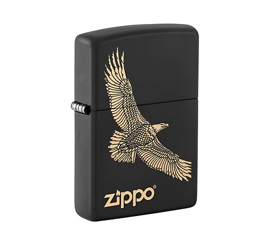 Zippo Eagle black matte aansteker met gouden lasergegraveerde arend en Zippo-logo