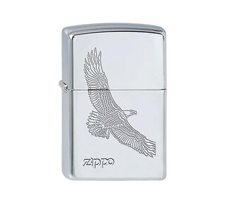 Zippo Eagle aansteker met gepolijste chrome finish en lasergegraveerde arend op voorkant
