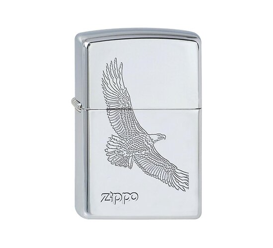 Zippo Eagle aansteker met gepolijste chrome finish en lasergegraveerde arend op voorkant