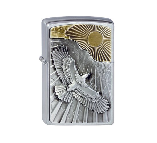 Zippo Eagle Sun-Fly emblem aansteker met chrome geborstelde afwerking en reliëf van vliegende arend tegen gouden zonsopgang