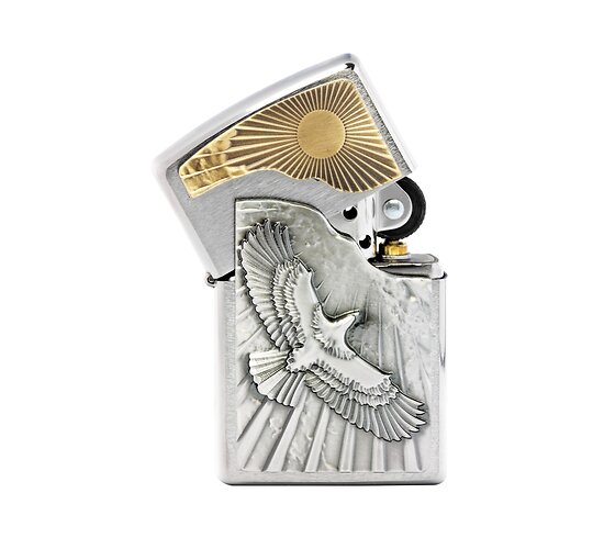 Zippo with eagle flying towards the sun