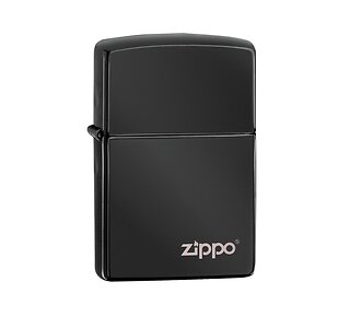 Zippo Ebony aansteker met zwarte gepolijste afwerking en lasergegraveerd logo