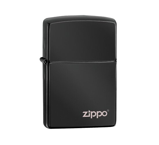 Zippo Ebony aansteker met zwarte gepolijste afwerking en lasergegraveerd logo