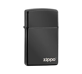 Zippo Ebony slim aansteker in gepolijst zwart met lasergegraveerd Zippo logo