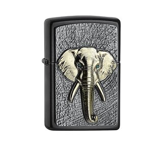 Zippo Elephant Tri-Colour aansteker met gray dusk afwerking, grijs reliëf en messing olifantenhoofd embleem met kristallen ogen