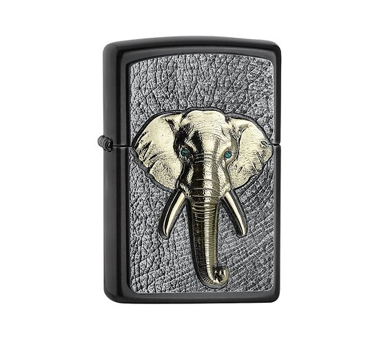 Zippo Elephant Tri-Colour aansteker met gray dusk afwerking, grijs reliëf en messing olifantenhoofd embleem met kristallen ogen