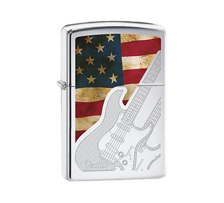 Zippo aansteker met gegraveerde Fender gitaar en print van de amerikaanse vlag, chrome gepolijst