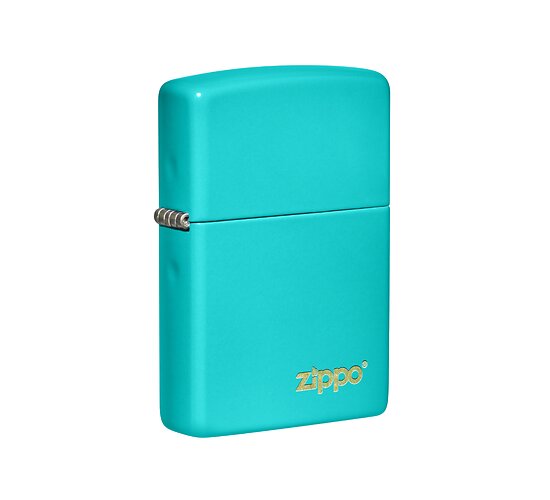 Zippo Flat Turquoise aansteker met matte coating en laser gegraveerd gouden Zippo logo rechtsonder