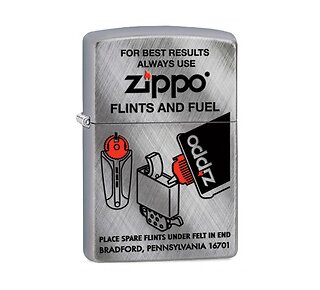 Zippo Flint & fuel aansteker met geborstelde chrome afwerking en duidelijke zwarte print met rode accenten