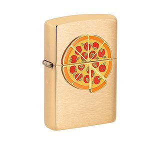 Zippo Foodie Pizza aansteker met geborstelde messing afwerking en kleurig epoxy pizza-embleem