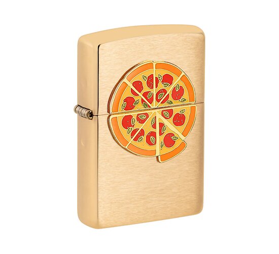 Zippo Foodie Pizza aansteker met geborstelde messing afwerking en kleurig epoxy pizza-embleem
