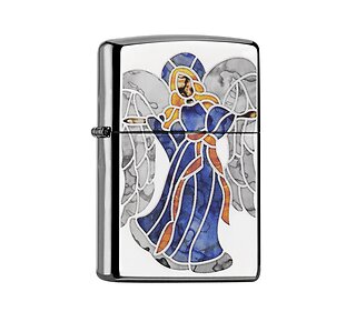 Zippo Fusion Blue Angel aansteker met gepolijste chrome afwerking en kleurrijk fusion-motief van engel